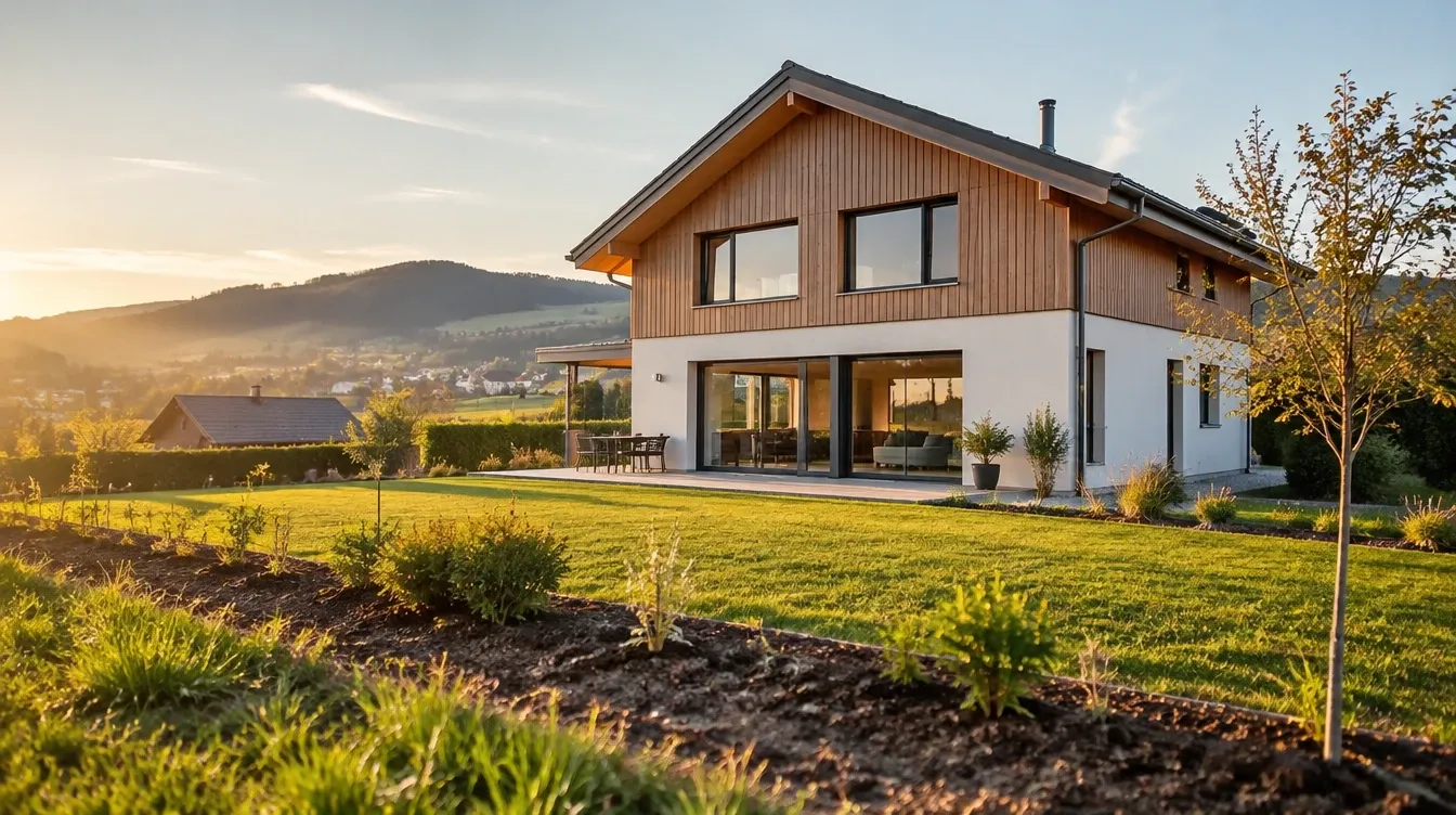 Modernes Einfamilienhaus mit Holzfassade und grossem Garten im Abendlicht