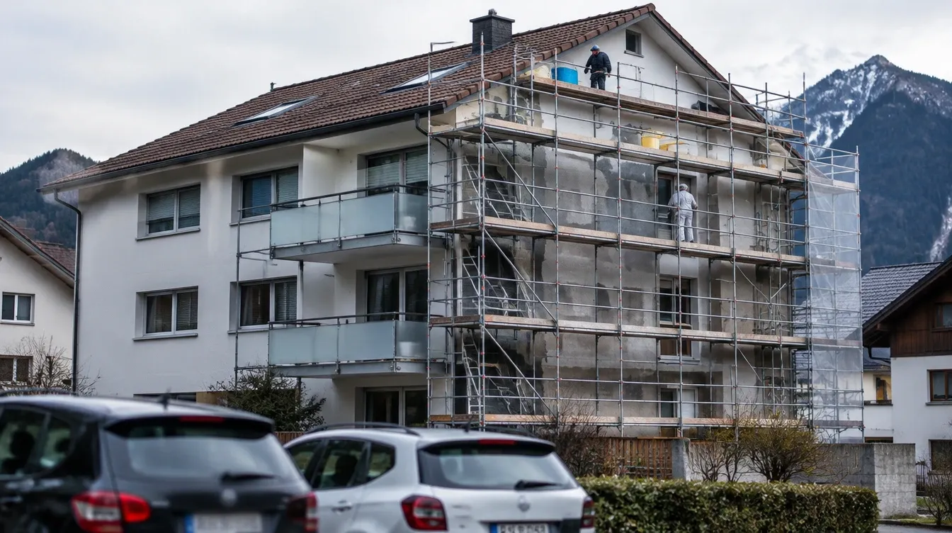 Mehrfamilienhaus mit Eigentumswohnungen im Gerüst während einer Fassadensanierung, im Hintergrund verschneite Berge
