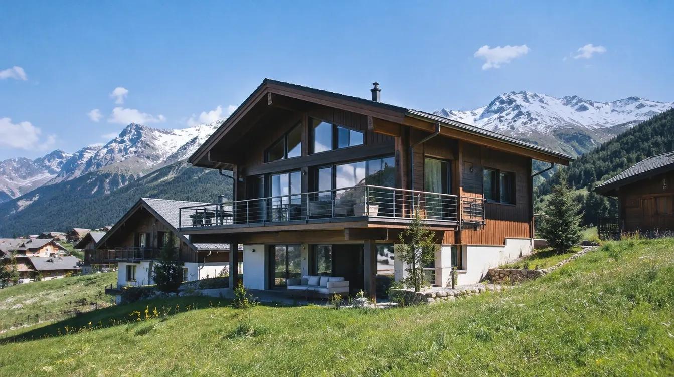Chalet aus Holz mit grossem Balkon an einem Berghang, im Hintergrund schneebedeckte Alpengipfel