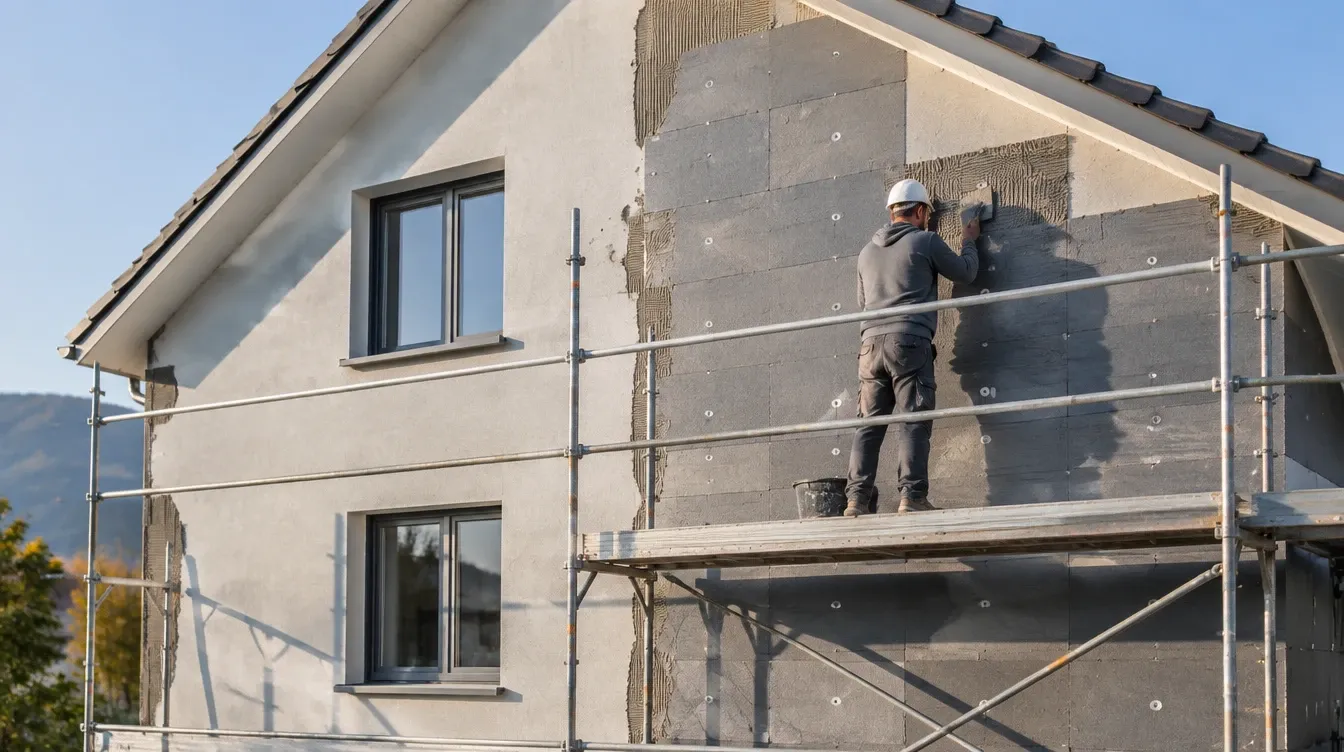 Handwerker auf dem Gerüst bringt Dämmplatten an der Fassade eines Einfamilienhauses an