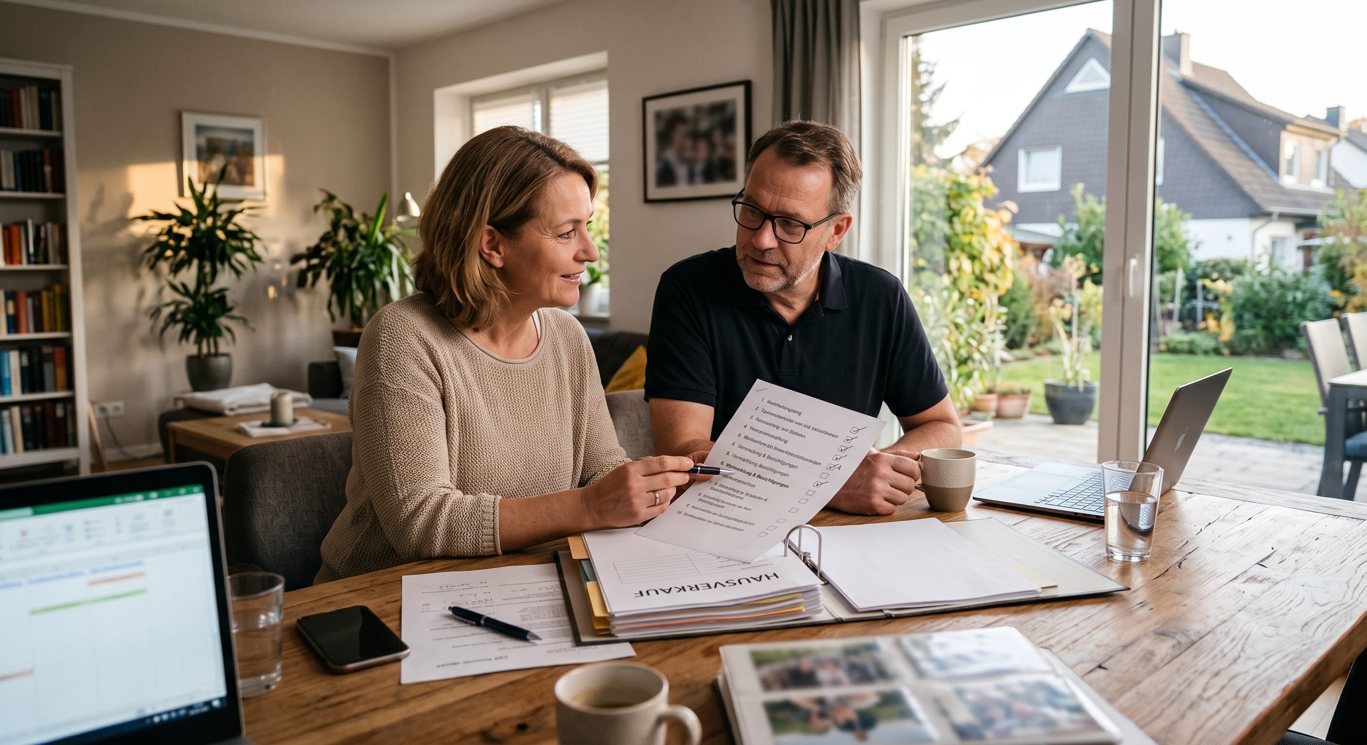 Ehepaar am Esstisch geht mit Checkliste und Ordner den Ablauf des Hausverkaufs durch