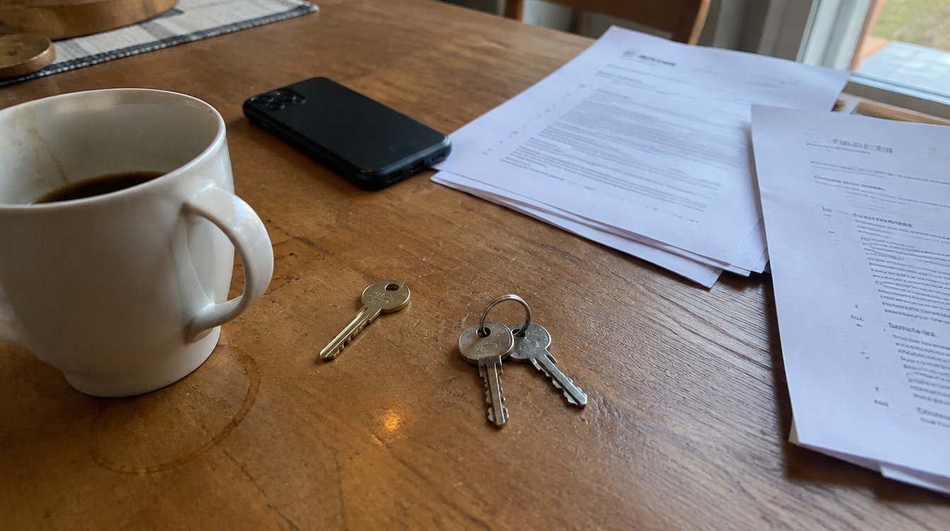 Wohnungsschlüssel, Vertragsunterlagen, Smartphone und eine Tasse Kaffee auf einem Holztisch
