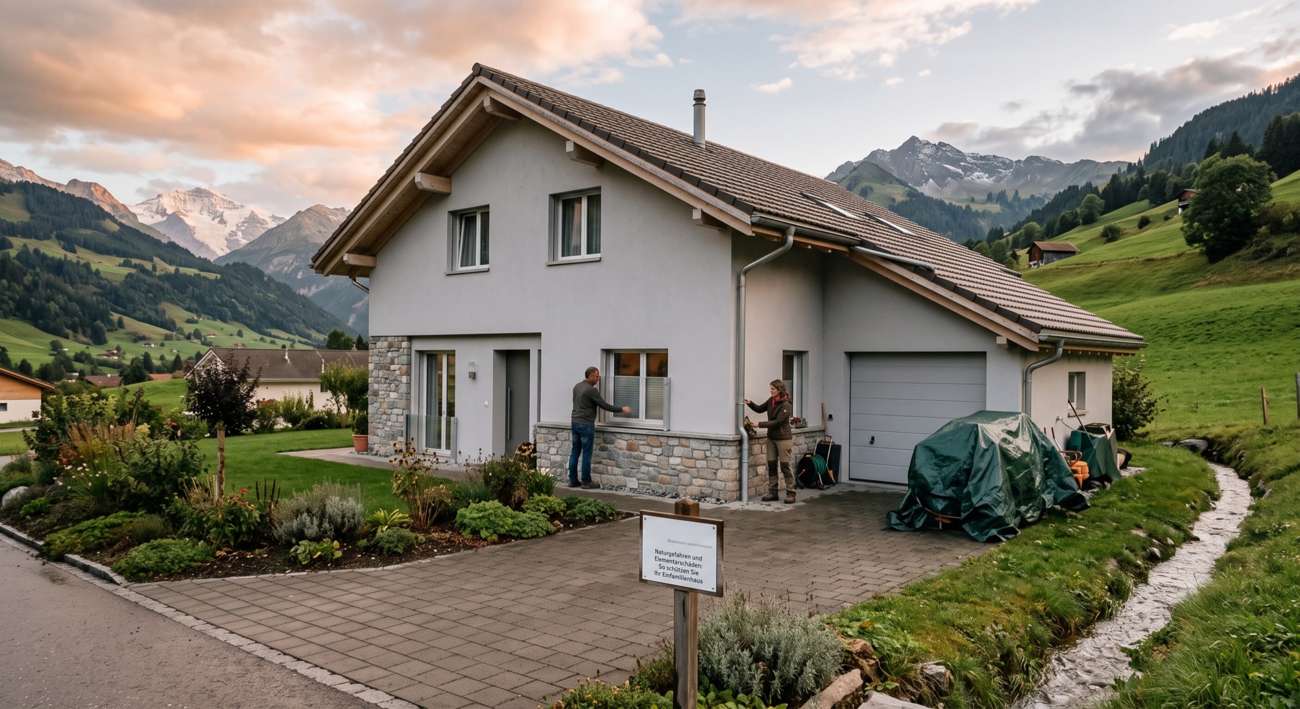 Paar bereitet sein Einfamilienhaus in einem Schweizer Bergdorf auf ein Unwetter vor, im Vordergrund ein Hinweisschild zu Naturgefahren und Elementarschäden