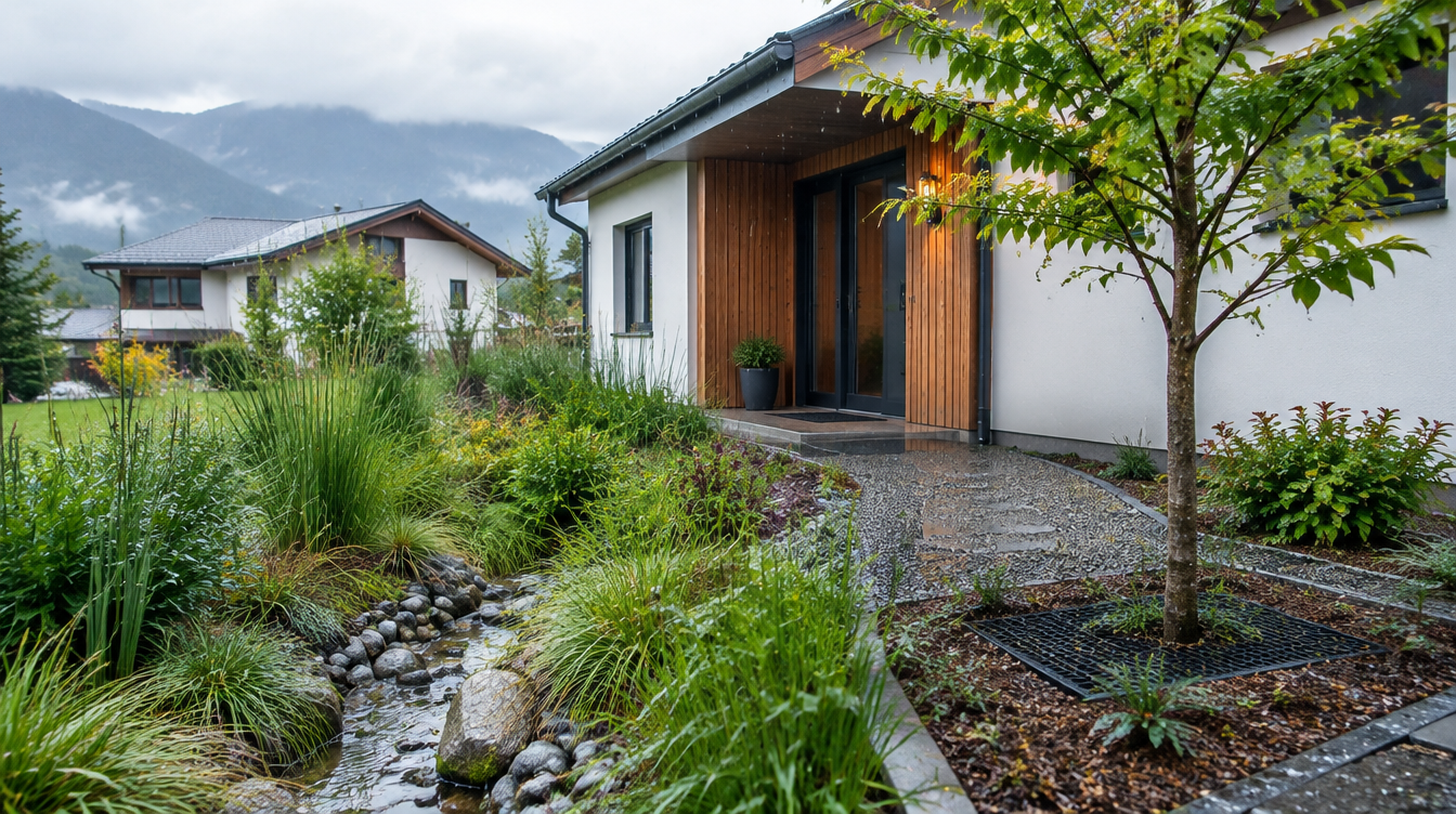 Bepflanzte Versickerungsmulde mit Steinrinne vor einem Einfamilienhaus, die Regenwasser auf dem eigenen Grundstück zurückhält