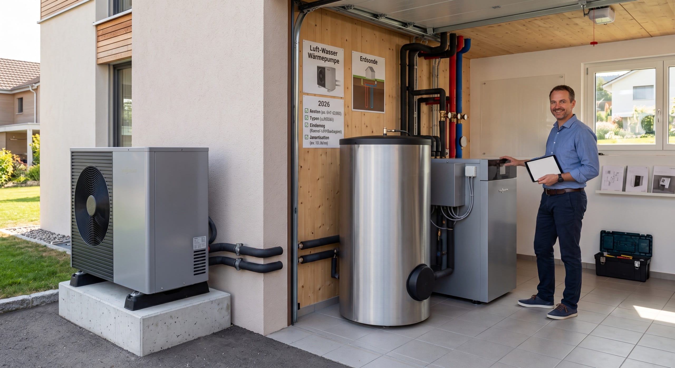 Fachmann mit Tablet vor einer Luft-Wasser-Wärmepumpe und dem Wärmespeicher im Technikraum eines Einfamilienhauses