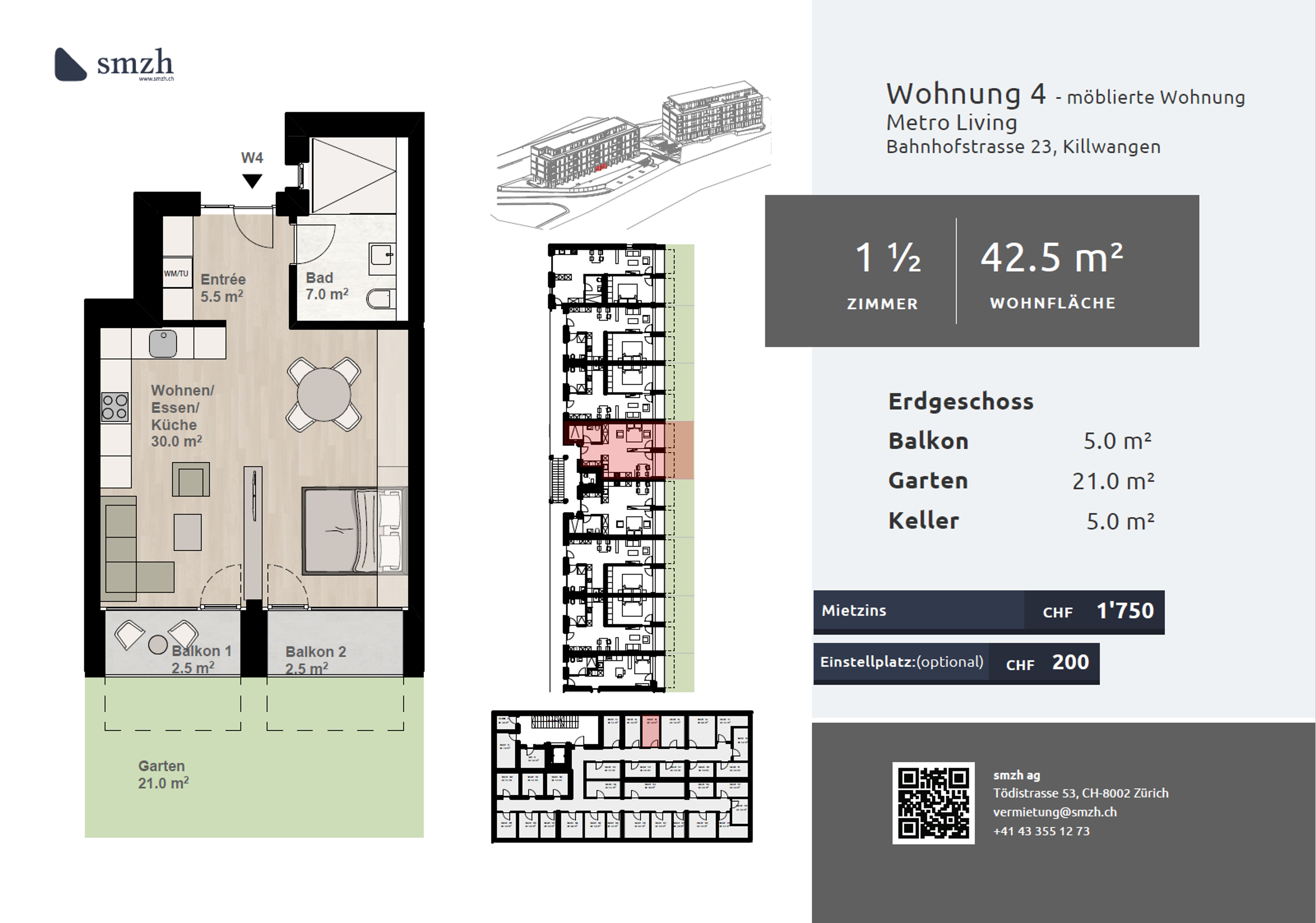 Möblierte 1.5-Zi.-Gartenwohnung mit Balkon, Killwangen - 2