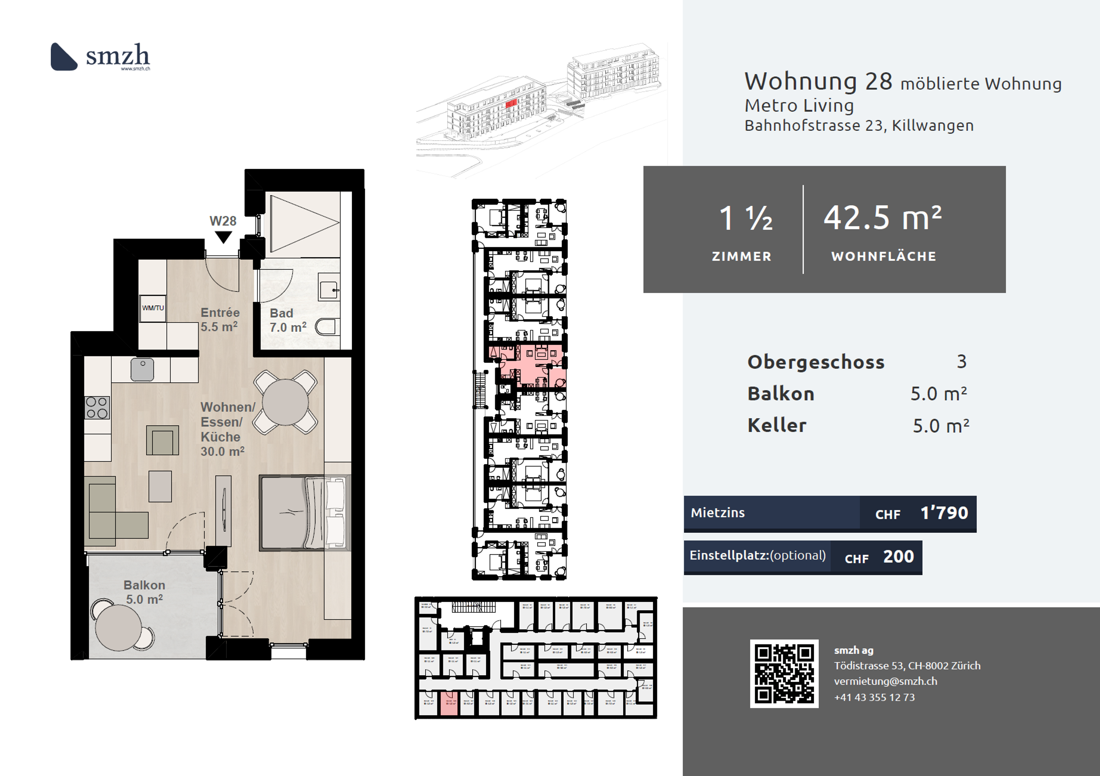 1.5-Zimmer, möbliert mit Balkon - urban mieten in Killwangen - Bild 2