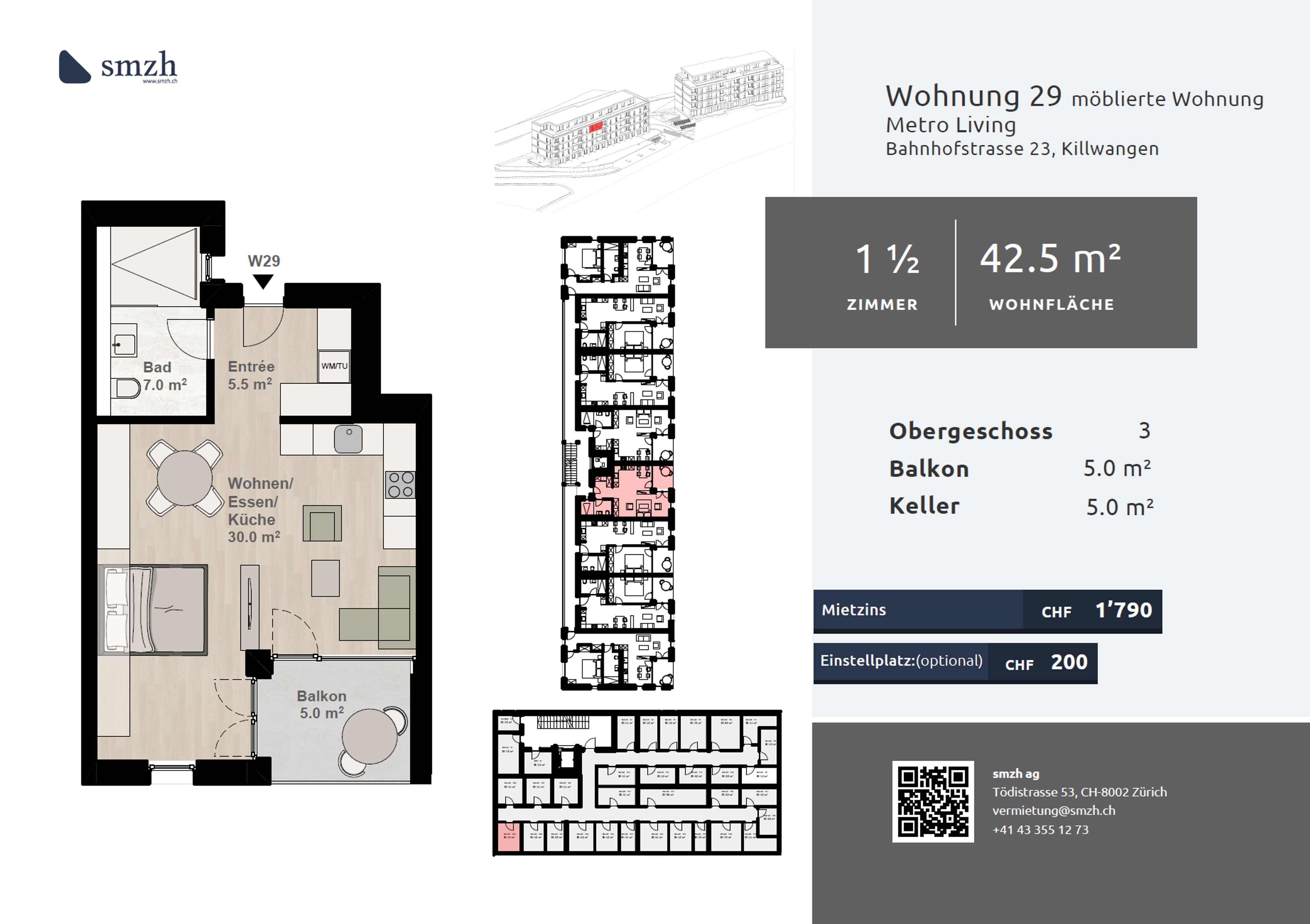 1.5-Zimmer, möbliert mit Balkon - urban mieten in Killwangen - 2