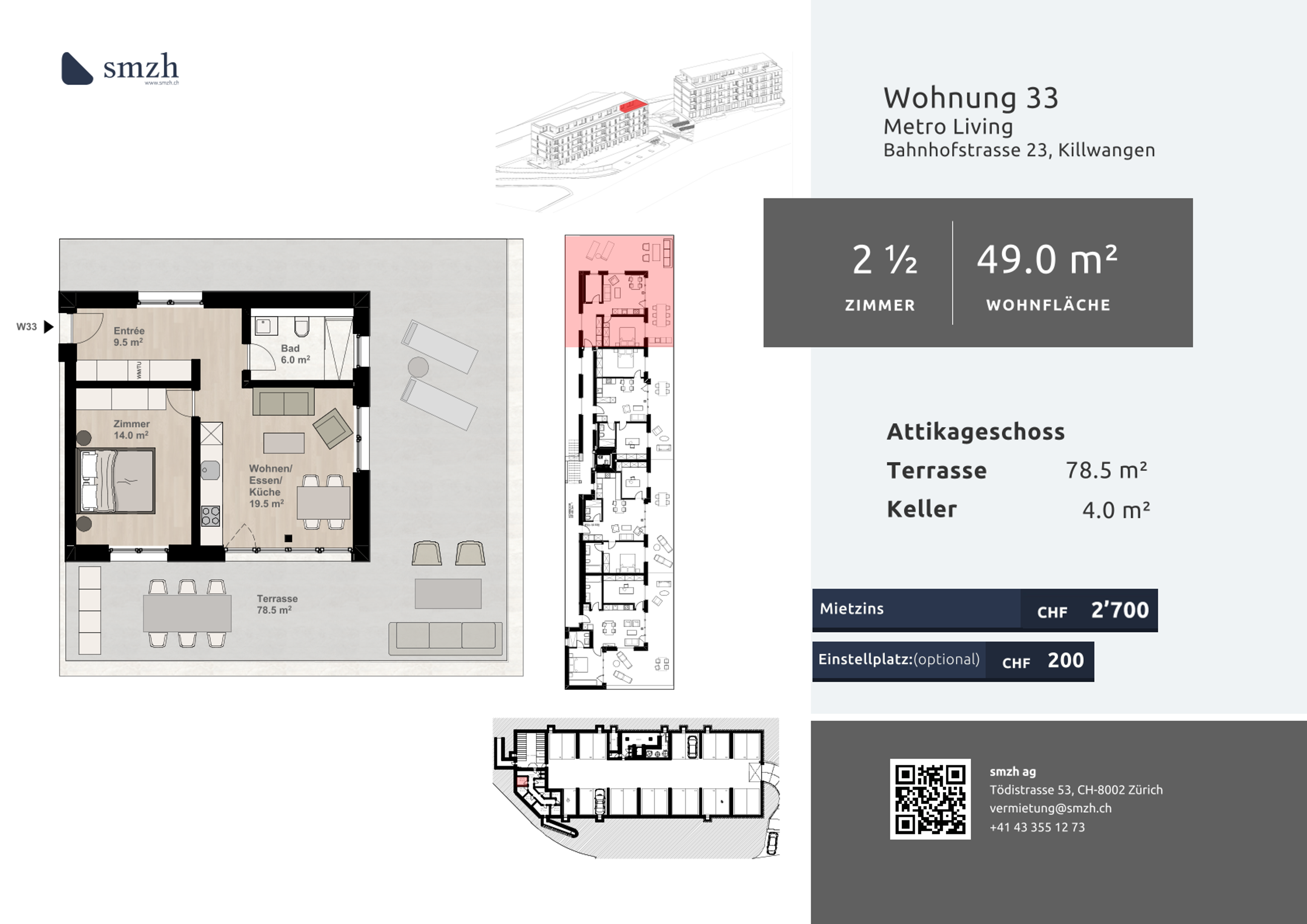 2.5-Zi.-Attika mit 78.5 m² Terrasse - urban wohnen, Killwangen - 2