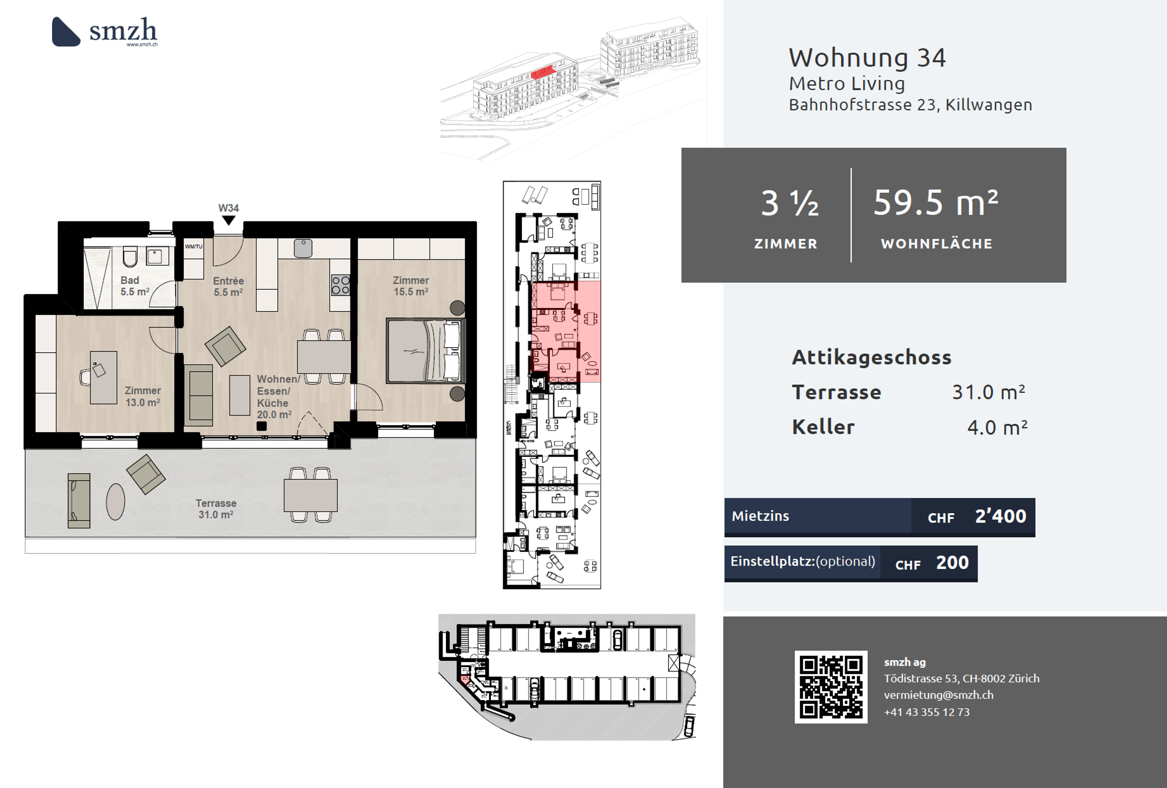 3.5-Zi.-Attika mit 31 m² Terrasse in Killwangen mieten - 2